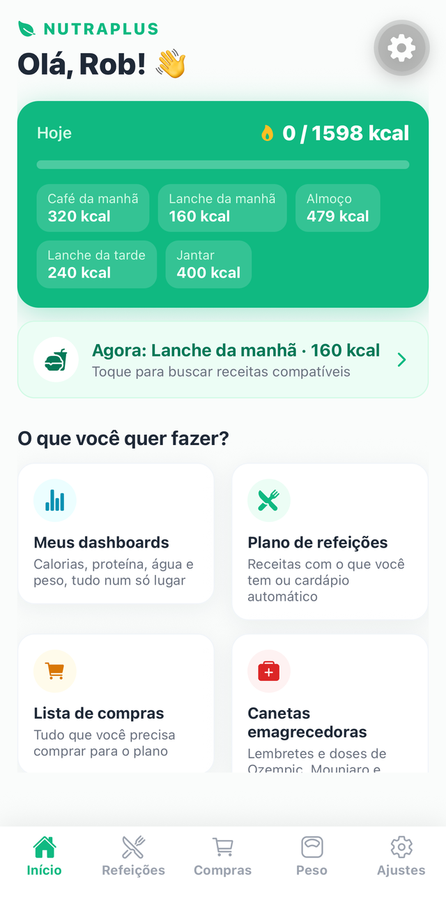 Tela inicial do NutraPlus com o resumo calórico do dia