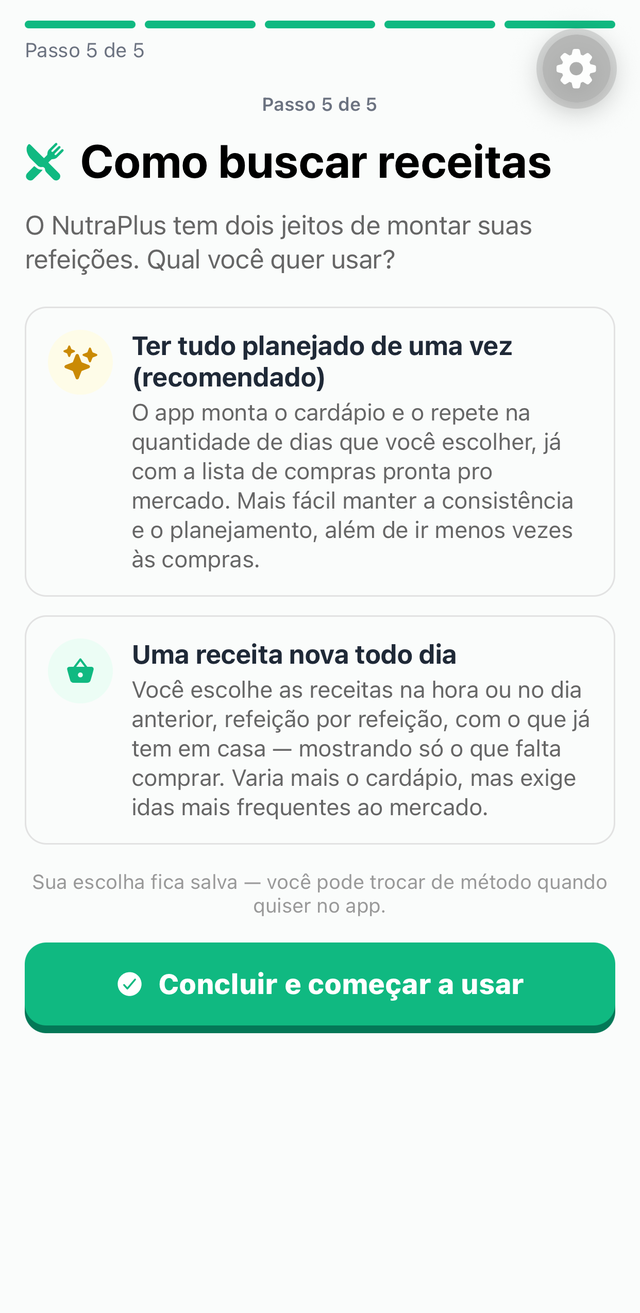Tela de escolha entre cardápio automático e busca diária de receitas