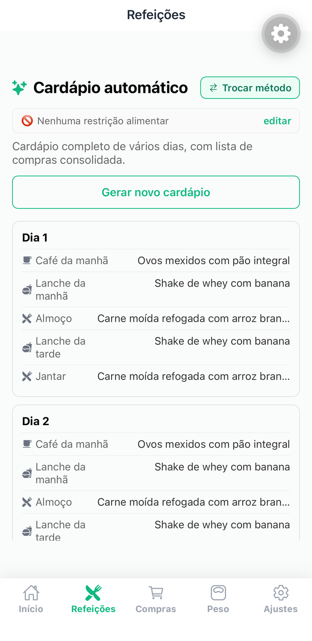 Cardápio automático de vários dias no NutraPlus