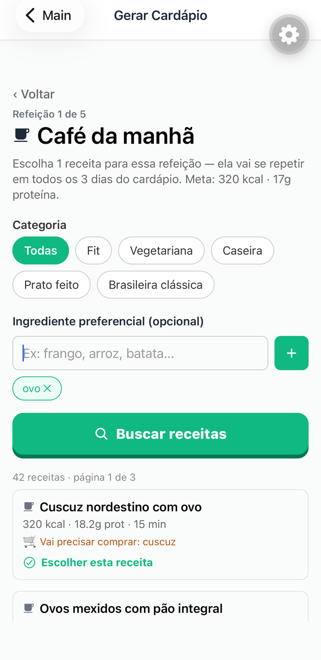 Busca de receitas compatíveis para o café da manhã