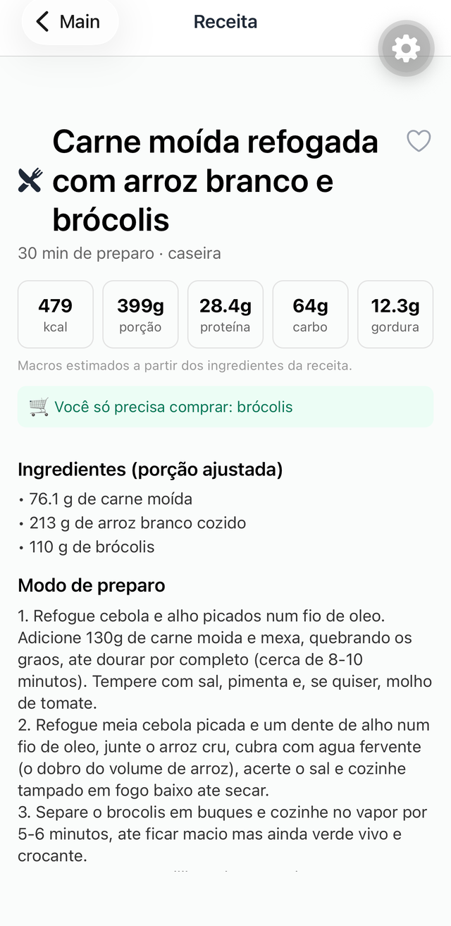Tela de receita com porção ajustada à meta calórica